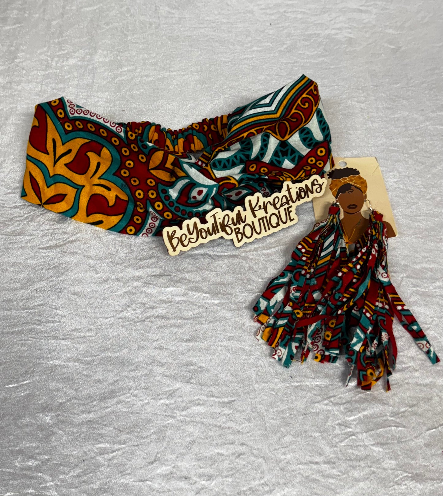 “Tribal Glow” Ankara Headband & Fringe Earring Set